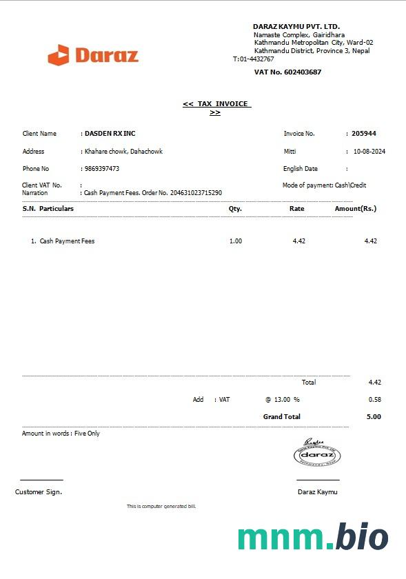 NEPAL DARAZ rachunek za usługi komunalne Word i szablon PDF
